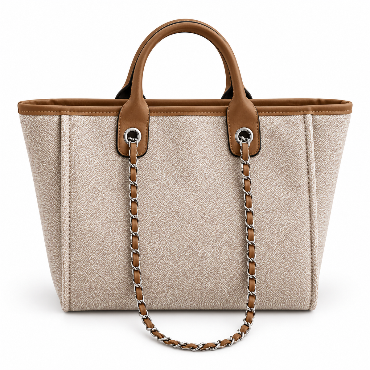 A structured tote bag with a textured beige body, brown leather trim and handles, and a brown-and-silver chain strap, shown on a plain white background.